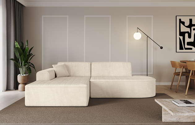 Bezug: Cord, Farbe: Beige - Poso 105, Stellvariante: Ottomane Links, Stoffbeschreibung: POSO ist ein angenehm anzufühlender Velours mit Kordstruktur (35000 MartindaleZyklen) und leicht zu reinigender Möbellstoff, lichtecht (5) und pillingarm (5), Gewicht 380 g/m2 ±5%, Materialzusammensetzung: 90% Polyseter, 10% Nylon, Pilling Resistenz: 5, Abriebfestigkeit: 5, Scheuerbeständigkeit: 30000, Ausstattung: Kissen, Zimmer: Wohnzimmer, Tiefe: 165 cm, Breite: 232 cm, Höhe: 77 cm, Anzahl der Sitzflächen: 3, Art der Rückenkissen: Rückenlehne - feste, Annzahl der Sitzkissen: 2, Anzahl der Zierkissen: 1, Breite der Armlehnen: 25 cm, Höhe der Armlehnen: 58 cm, Breite der Ottomane: 108 cm, Tiefe der Ottomane: 143 cm, Tiefe der Sitzfläche: 62 cm, Sitzhöhe: 41 cm, Schlaffunktion: Ohne Schlaffunktion - 1