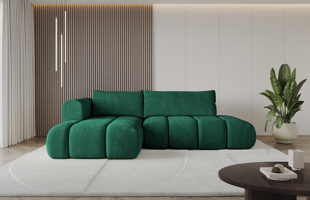 Bezug: Samt, Farbe: Grün - Dream Velvet 202.31, Stellvariante: Ottomane Links, Stoffbeschreibung: Polsterstoff Dream Velvet: Wasserabweisender und leicht zu reinigender Möbelstoff, scheuerfest (30.000 Martindale-Zyklen) lichtecht (6) und pillingarm (4-5), aus 100 % PES, Gewicht 360 g/m2 ±5 %, Materialzusammensetzung: 100% Polyseter, Pilling Resistenz: 4, Abriebfestigkeit: 5, Scheuerbeständigkeit: 100000 Martindale-Zyklen, Zimmer: Wohnzimmer, Tiefe: 185 cm, Breite: 185 cm, Höhe: 90 cm, Länge der Schlaffläche: 240 cm, Breite der Schlaffläche: 140 cm, Liegehöhe: 42 cm, Anzahl der Sitzflächen: 4, Sitzfüllung: Wellenfeder + HR35 und T30-Schaum, Anzahl der Rückenkissen: 2, Art der Rückenkissen: Rückenkissen, Annzahl der Sitzkissen: 2, Material der Füße: Kunststoff, Höhe der Füße: 1,5 cm, Tiefe der Armlehnen: 100 cm, Breite der Armlehnen: 22 cm, Höhe der Armlehnen: 63 cm, Breite der Ottomane: 120 cm, Tiefe der Ottomane: 150 cm, Tiefe der Sitzfläche: 70 cm, Sitzhöhe: 42 cm, Art des Stauraumes: Innenfach geschlossen, Ausstattung: Nicht zutreffend, Anzahl der Zierkissen: Nicht zutreffend, Schlaffunktion: Mit Schlaffunktion - 1