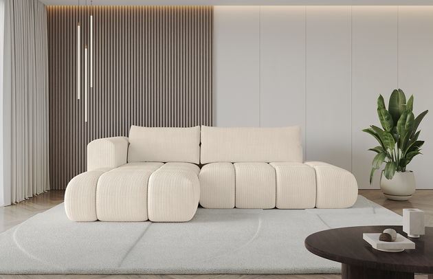 Bezug: Cord, Farbe: Beige - Poso 105, Stellvariante: Ottomane Links, Stoffbeschreibung: POSO ist ein angenehm anzufühlender Velours mit Kordstruktur (35000 MartindaleZyklen) und leicht zu reinigender Möbellstoff, lichtecht (5) und pillingarm (5), Gewicht 380 g/m2 ±5%, Materialzusammensetzung: 90% Polyseter, 10% Nylon, Pilling Resistenz: 5, Abriebfestigkeit: 5, Scheuerbeständigkeit: 100000 Martindale-Zyklen, Zimmer: Wohnzimmer, Tiefe: 185 cm, Breite: 185 cm, Höhe: 90 cm, Länge der Schlaffläche: 240 cm, Breite der Schlaffläche: 140 cm, Liegehöhe: 42 cm, Anzahl der Sitzflächen: 4, Sitzfüllung: Wellenfeder + HR35 und T30-Schaum, Anzahl der Rückenkissen: 2, Art der Rückenkissen: Rückenkissen, Annzahl der Sitzkissen: 2, Material der Füße: Kunststoff, Höhe der Füße: 1,5 cm, Tiefe der Armlehnen: 100 cm, Breite der Armlehnen: 22 cm, Höhe der Armlehnen: 63 cm, Breite der Ottomane: 120 cm, Tiefe der Ottomane: 150 cm, Tiefe der Sitzfläche: 70 cm, Sitzhöhe: 42 cm, Art des Stauraumes: Innenfach geschlossen, Ausstattung: Nicht zutreffend, Anzahl der Zierkissen: Nicht zutreffend, Schlaffunktion: Mit Schlaffunktion - 1