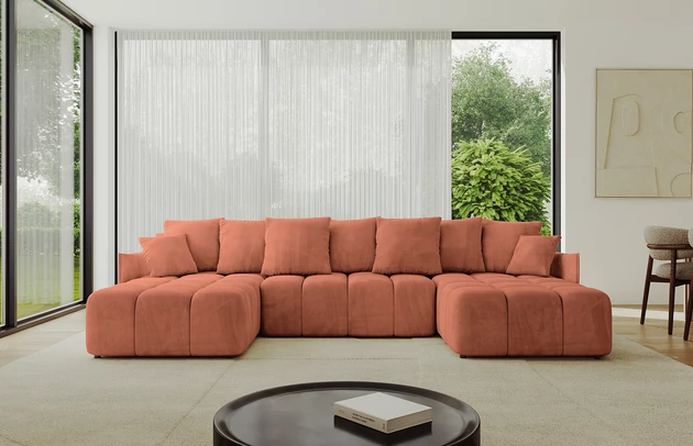 Bezug: Samt, Farbe: Apricot - Dream Velvet 202.07, Stellvariante: U-Form, Stoffbeschreibung: Polsterstoff Dream Velvet: Wasserabweisender und leicht zu reinigender Möbelstoff, scheuerfest (30.000 Martindale-Zyklen) lichtecht (6) und pillingarm (4-5), aus 100 % PES, Gewicht 360 g/m2 ±5 %, Materialzusammensetzung: 100% Polyseter, Pilling Resistenz: 4, Abriebfestigkeit: 5, Scheuerbeständigkeit: 100000 Martindale-Zyklen, Ausstattung: Kissen, Zimmer: Wohnzimmer, Tiefe: 189 cm, Breite: 355 cm, Höhe: 68 cm, Länge der Schlaffläche: 341 cm, Breite der Schlaffläche: 159-cm, Liegehöhe: 45 cm, Anzahl der Sitzflächen: 6, Sitzfüllung: Wellenfeder + HR35 und T30-Schaum, Anzahl der Rückenkissen: 7, Art der Rückenkissen: Rückenkissen, Annzahl der Sitzkissen: 3, Anzahl der Zierkissen: 2, Tiefe der Armlehnen: 104 cm, Breite der Armlehnen: 7 cm, Höhe der Armlehnen: 63 cm, Breite der Ottomane: 104 cm, Tiefe der Ottomane: 173 cm, Tiefe der Sitzfläche: 88 cm, Sitzhöhe: 45 cm, Art des Stauraumes: Innenfach geschlossen - 1