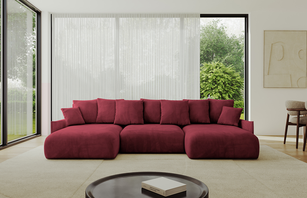 Bezug: Samt, Farbe: Bordeauxrot - Dream Velvet 202.11, Stellvariante: U-Form, Stoffbeschreibung: Polsterstoff Dream Velvet: Wasserabweisender und leicht zu reinigender Möbelstoff, scheuerfest (30.000 Martindale-Zyklen) lichtecht (6) und pillingarm (4-5), aus 100 % PES, Gewicht 360 g/m2 ±5 %, Materialzusammensetzung: 100% Polyseter, Pilling Resistenz: 4, Abriebfestigkeit: 5, Scheuerbeständigkeit: 100000 Martindale-Zyklen, Ausstattung: Kissen, Zimmer: Wohnzimmer, Tiefe: 177 cm, Breite: 317 cm, Höhe: 72 cm, Länge der Schlaffläche: 303 cm, Breite der Schlaffläche: 158 cm, Liegehöhe: 42 cm, Anzahl der Sitzflächen: 6, Sitzfüllung: Wellenfeder + HR35 und T30-Schaum, Anzahl der Rückenkissen: 7, Art der Rückenkissen: Rückenkissen, Annzahl der Sitzkissen: 3, Anzahl der Zierkissen: 2, Material der Füße: Kunststoff, Höhe der Füße: 5 cm, Farbe der Füße: Schwarz, Tiefe der Armlehnen: 123 cm, Breite der Armlehnen: 7 cm, Höhe der Armlehnen: 50 cm, Breite der Ottomane: 101 cm, Tiefe der Ottomane: 158 cm, Tiefe der Sitzfläche: 114 cm, Sitzhöhe: 42 cm, Art des Stauraumes: Innenfach geschlossen, Schlaffunktion: Mit Schlaffunktion - 1