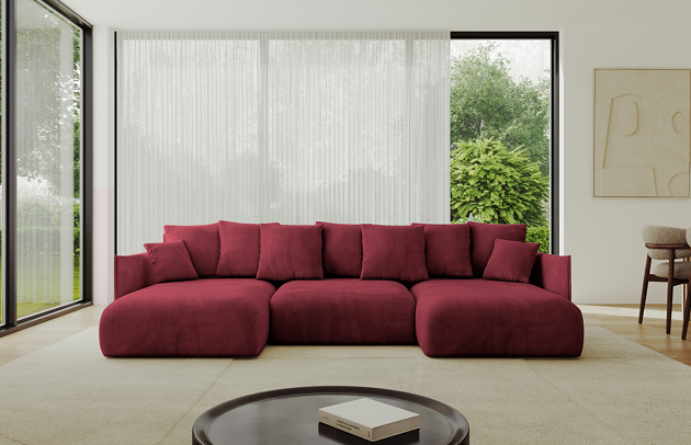 Bezug: Samt, Farbe: Bordeauxrot - Dream Velvet 202.11, Stellvariante: U-Form, Stoffbeschreibung: Polsterstoff Dream Velvet: Wasserabweisender und leicht zu reinigender Möbelstoff, scheuerfest (30.000 Martindale-Zyklen) lichtecht (6) und pillingarm (4-5), aus 100 % PES, Gewicht 360 g/m2 ±5 %, Materialzusammensetzung: 100% Polyseter, Pilling Resistenz: 4, Abriebfestigkeit: 5, Scheuerbeständigkeit: 100000 Martindale-Zyklen, Ausstattung: Kissen, Zimmer: Wohnzimmer, Tiefe: 177 cm, Breite: 317 cm, Höhe: 72 cm, Länge der Schlaffläche: 303 cm, Breite der Schlaffläche: 158 cm, Liegehöhe: 42 cm, Anzahl der Sitzflächen: 6, Sitzfüllung: Wellenfeder + HR35 und T30-Schaum, Anzahl der Rückenkissen: 7, Art der Rückenkissen: Rückenkissen, Annzahl der Sitzkissen: 3, Anzahl der Zierkissen: 2, Material der Füße: Kunststoff, Höhe der Füße: 5 cm, Farbe der Füße: Schwarz, Tiefe der Armlehnen: 123 cm, Breite der Armlehnen: 7 cm, Höhe der Armlehnen: 60 cm, Breite der Ottomane: 101 cm, Tiefe der Ottomane: 158 cm, Tiefe der Sitzfläche: 114 cm, Sitzhöhe: 42 cm, Art des Stauraumes: Innenfach geschlossen, Schlaffunktion: Mit Schlaffunktion - 1