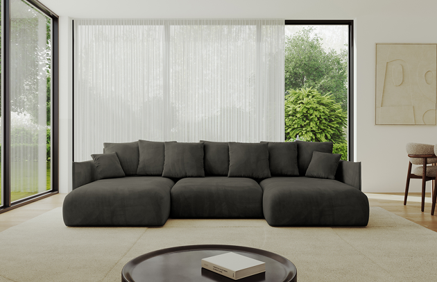 Bezug: Samt, Farbe: Schwarz - Dream Velvet 202.12, Stellvariante: U-Form, Stoffbeschreibung: Polsterstoff Dream Velvet: Wasserabweisender und leicht zu reinigender Möbelstoff, scheuerfest (30.000 Martindale-Zyklen) lichtecht (6) und pillingarm (4-5), aus 100 % PES, Gewicht 360 g/m2 ±5 %, Materialzusammensetzung: 100% Polyseter, Pilling Resistenz: 4, Abriebfestigkeit: 5, Scheuerbeständigkeit: 100000 Martindale-Zyklen, Ausstattung: Kissen, Zimmer: Wohnzimmer, Tiefe: 177 cm, Breite: 317 cm, Höhe: 72 cm, Länge der Schlaffläche: 303 cm, Breite der Schlaffläche: 158 cm, Liegehöhe: 42 cm, Anzahl der Sitzflächen: 6, Sitzfüllung: Wellenfeder + HR35 und T30-Schaum, Anzahl der Rückenkissen: 7, Art der Rückenkissen: Rückenkissen, Annzahl der Sitzkissen: 3, Anzahl der Zierkissen: 2, Material der Füße: Kunststoff, Höhe der Füße: 5 cm, Farbe der Füße: Schwarz, Tiefe der Armlehnen: 123 cm, Breite der Armlehnen: 7 cm, Höhe der Armlehnen: 60 cm, Breite der Ottomane: 101 cm, Tiefe der Ottomane: 158 cm, Tiefe der Sitzfläche: 114 cm, Sitzhöhe: 42 cm, Art des Stauraumes: Innenfach geschlossen, Schlaffunktion: Mit Schlaffunktion - 1