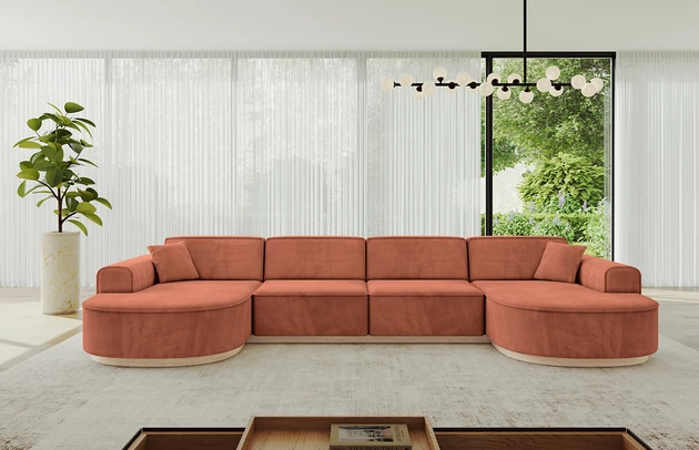 Bezug: Samt, Farbe: Apricot - Dream Velvet 202.07, Stellvariante: U-Form, Stoffbeschreibung: Polsterstoff Dream Velvet: Wasserabweisender und leicht zu reinigender Möbelstoff, scheuerfest (30.000 Martindale-Zyklen) lichtecht (6) und pillingarm (4-5), aus 100 % PES, Gewicht 360 g/m2 ±5 %, Materialzusammensetzung: 100% Polyseter, Pilling Resistenz: 4-5, Abriebfestigkeit: 5, Scheuerbeständigkeit: 30000 Martindale-Zyklen, Ausstattung: Kissen, Zimmer: Wohnzimmer, Tiefe: 171 cm, Breite: 388 cm, Höhe: 83 cm, Anzahl der Sitzflächen: 6, Sitzfüllung: Wellenfeder + HR35 und T30-Schaum, Art der Rückenkissen: Rückenlehne - feste, Annzahl der Sitzkissen: 4, Anzahl der Zierkissen: 2, Breite der Armlehnen: 20 cm, Höhe der Armlehnen: 58 cm, Breite der Ottomane: 109 cm, Tiefe der Ottomane: 151 cm, Tiefe der Sitzfläche: 62 cm, Sitzhöhe: 47 cm, Schlaffunktion: Ohne Schlaffunktion - 1