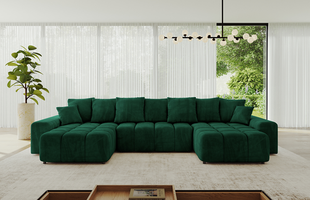 Bezug: Samt, Farbe: Grün - Dream Velvet 202.31, Stellvariante: U-Form, Stoffbeschreibung: Polsterstoff Dream Velvet: Wasserabweisender und leicht zu reinigender Möbelstoff, scheuerfest (30.000 Martindale-Zyklen) lichtecht (6) und pillingarm (4-5), aus 100 % PES, Gewicht 360 g/m2 ±5 %, Materialzusammensetzung: 100% Polyseter, Pilling Resistenz: 4, Abriebfestigkeit: 5, Scheuerbeständigkeit: 100000 Martindale-Zyklen, Zimmer: Wohnzimmer, Tiefe: 189 cm, Breite: 401 cm, Höhe: 68 cm, Länge der Schlaffläche: 341 cm, Breite der Schlaffläche: 159 cm, Liegehöhe: 43 cm, Anzahl der Sitzflächen: 6, Sitzfüllung: Wellenfeder + HR35 und T30-Schaum, Anzahl der Rückenkissen: 6, Art der Rückenkissen: Rückenkissen, Annzahl der Sitzkissen: 3, Anzahl der Zierkissen: 2, Material der Füße: Kunststoff, Höhe der Füße: 5 cm, Tiefe der Armlehnen: 124 cm, Breite der Armlehnen: 30 cm, Höhe der Armlehnen: 55 cm, Breite der Ottomane: 104 cm, Tiefe der Ottomane: 173 cm, Tiefe der Sitzfläche: 88 cm, Sitzhöhe: 45 cm, Art des Stauraumes: Innenfach geschlossen, Schlaffunktion: Mit Schlaffunktion - 1