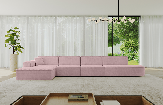Bezug: Cord, Farbe: Rosa - Poso 145, Stellvariante: Ottomane Links, Stoffbeschreibung: POSO ist ein angenehm anzufühlender Velours mit Kordstruktur (35000 MartindaleZyklen) und leicht zu reinigender Möbellstoff, lichtecht (5) und pillingarm (5), Gewicht 380 g/m2 ±5%, Materialzusammensetzung: 90% Polyseter, 10% Nylon, Pilling Resistenz: 5, Abriebfestigkeit: 5, Scheuerbeständigkeit: 30000 Martindale-Zyklen, Ausstattung: Kissen, Zimmer: Wohnzimmer, Tiefe: 165 cm, Breite: 412 cm, Höhe: 77 cm, Anzahl der Sitzflächen: 5, Sitzfüllung: Wellenfeder + HR35 und T30-Schaum, Art der Rückenkissen: Rückenlehne - feste, Annzahl der Sitzkissen: 4, Anzahl der Zierkissen: 1, Breite der Armlehnen: 25 cm, Höhe der Armlehnen: 58 cm, Breite der Ottomane: 108 cm, Tiefe der Ottomane: 143 cm, Tiefe der Sitzfläche: 62 cm, Sitzhöhe: 41 cm, Schlaffunktion: Ohne Schlaffunktion - 1
