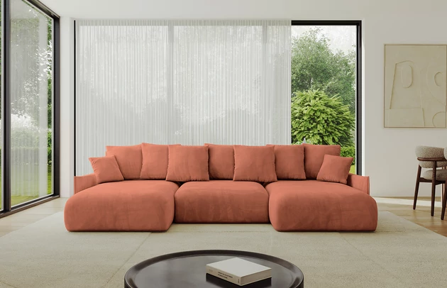 Bezug: Samt, Farbe: Apricot - Dream Velvet 202.07, Stellvariante: U-Form, Stoffbeschreibung: Polsterstoff Dream Velvet: Wasserabweisender und leicht zu reinigender Möbelstoff, scheuerfest (30.000 Martindale-Zyklen) lichtecht (6) und pillingarm (4-5), aus 100 % PES, Gewicht 360 g/m2 ±5 %, Materialzusammensetzung: 100% Polyseter, Pilling Resistenz: 4, Abriebfestigkeit: 5, Scheuerbeständigkeit: 100000 Martindale-Zyklen, Ausstattung: Kissen, Zimmer: Wohnzimmer, Tiefe: 177 cm, Breite: 317 cm, Höhe: 72 cm, Länge der Schlaffläche: 303 cm, Breite der Schlaffläche: 158-cm, Liegehöhe: 42 cm, Anzahl der Sitzflächen: 6, Sitzfüllung: Wellenfeder + HR35 und T30-Schaum, Anzahl der Rückenkissen: 7, Art der Rückenkissen: Rückenkissen, Annzahl der Sitzkissen: 3, Anzahl der Zierkissen: 2, Material der Füße: Kunststoff, Höhe der Füße: 5 cm, Farbe der Füße: Schwarz, Tiefe der Armlehnen: 123 cm, Breite der Armlehnen: 7 cm, Höhe der Armlehnen: 50 cm, Breite der Ottomane: 101 cm, Tiefe der Ottomane: 158 cm, Tiefe der Sitzfläche: 114 cm, Sitzhöhe: 42 cm, Art des Stauraumes: Innenfach geschlossen - 1