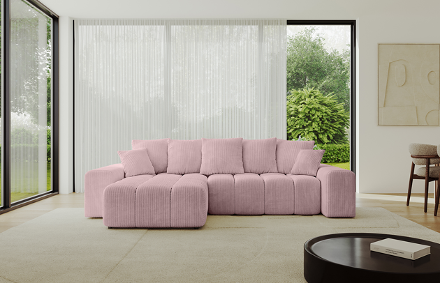 Bezug: Cord, Farbe: Rosa - Poso 145, Stellvariante: Ottomane Links, Stoffbeschreibung: POSO ist ein angenehm anzufühlender Velours mit Kordstruktur (35000 MartindaleZyklen) und leicht zu reinigender Möbellstoff, lichtecht (5) und pillingarm (5), Gewicht 380 g/m2 ±5%, Materialzusammensetzung: 90% Polyseter, 10% Nylon, Pilling Resistenz: 5, Abriebfestigkeit: 4, Scheuerbeständigkeit: 30000 Martindale-Zyklen, Ausstattung: Kissen, Zimmer: Wohnzimmer, Tiefe: 189 cm, Breite: 297 cm, Höhe: 68 cm, Länge der Schlaffläche: 237 cm, Breite der Schlaffläche: 159 cm, Liegehöhe: 43 cm, Anzahl der Sitzflächen: 4, Sitzfüllung: Wellenfeder + HR35 und T30-Schaum, Anzahl der Rückenkissen: 5, Art der Rückenkissen: Rückenkissen, Annzahl der Sitzkissen: 2, Anzahl der Zierkissen: 2, Tiefe der Armlehnen: 124 cm, Breite der Armlehnen: 30 cm, Höhe der Armlehnen: 55 cm, Breite der Ottomane: 104 cm, Tiefe der Ottomane: 173 cm, Tiefe der Sitzfläche: 88 cm, Sitzhöhe: 45 cm, Art des Stauraumes: Innenfach geschlossen, Material der Füße: Kunststoff, Farbe der Füße: Schwarz, Schlaffunktion: Mit Schlaffunktion - 1