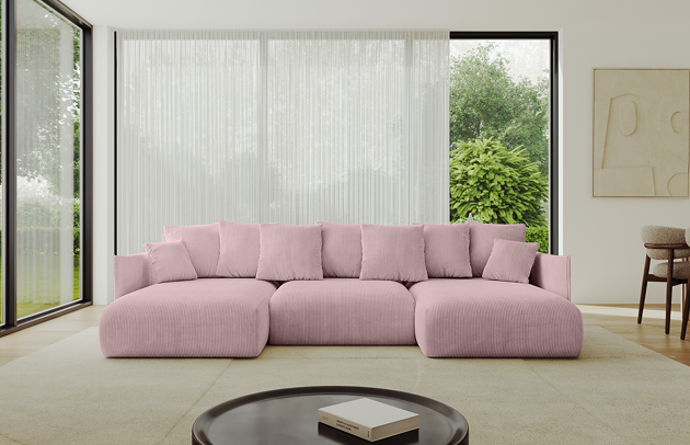 Bezug: Cord, Farbe: Rosa - Poso 145, Stellvariante: U-Form, Stoffbeschreibung: POSO ist ein angenehm anzufühlender Velours mit Kordstruktur (35000 MartindaleZyklen) und leicht zu reinigender Möbellstoff, lichtecht (5) und pillingarm (5), Gewicht 380 g/m2 ±5%, Materialzusammensetzung: 90% Polyseter, 10% Nylon, Pilling Resistenz: 5, Abriebfestigkeit: 5, Scheuerbeständigkeit: 30000 Martindale-Zyklen, Ausstattung: Kissen, Zimmer: Wohnzimmer, Tiefe: 177 cm, Breite: 317 cm, Höhe: 72 cm, Länge der Schlaffläche: 303 cm, Breite der Schlaffläche: 158 cm, Liegehöhe: 42 cm, Anzahl der Sitzflächen: 6, Sitzfüllung: Wellenfeder + HR35 und T30-Schaum, Anzahl der Rückenkissen: 7, Art der Rückenkissen: Rückenkissen, Annzahl der Sitzkissen: 3, Anzahl der Zierkissen: 2, Material der Füße: Kunststoff, Höhe der Füße: 5 cm, Farbe der Füße: Schwarz, Tiefe der Armlehnen: 123 cm, Breite der Armlehnen: 7 cm, Höhe der Armlehnen: 60 cm, Breite der Ottomane: 101 cm, Tiefe der Ottomane: 158 cm, Tiefe der Sitzfläche: 114 cm, Sitzhöhe: 42 cm, Art des Stauraumes: Innenfach geschlossen, Schlaffunktion: Mit Schlaffunktion - 1