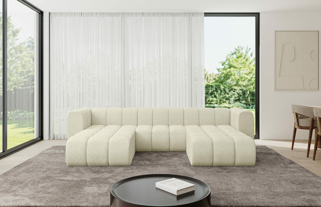 Bezug: Bouclé, Farbe: Beige - Quelle 02, Stellvariante: U-Form, Stoffbeschreibung: Polsterstoff Quelle: hochwertiger Bouclé Stoff, strapazierfähig, atmungsaktiv und pflegeleicht. (80.000 Martindale-Zyklen) 100 % PES, pillingarm(4-5), Gewicht 315 g/m² ±5 %, Materialzusammensetzung: 100% Polyseter, Pilling Resistenz: 5, Abriebfestigkeit: 5, Scheuerbeständigkeit: 80000 Martindale-Zyklen, Zimmer: Wohnzimmer, Tiefe: 177 cm, Breite: 319 cm, Höhe: 70 cm, Anzahl der Sitzflächen: 4, Sitzfüllung: Wellenfeder, Art der Rückenkissen: Rückenlehne - feste, Breite der Ottomane: 87 cm, Tiefe der Ottomane: 90 cm, Tiefe der Sitzfläche: 62 cm, Sitzhöhe: 40 cm, Schlaffunktion: Ohne Schlaffunktion - 1