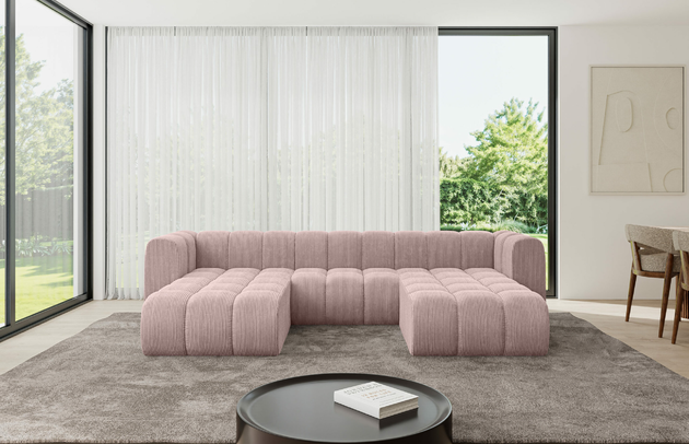 Bezug: Cord, Farbe: Rosa - Poso 145, Stellvariante: U-Form, Stoffbeschreibung: POSO ist ein angenehm anzufühlender Velours mit Kordstruktur (35000 MartindaleZyklen) und leicht zu reinigender Möbellstoff, lichtecht (5) und pillingarm (5), Gewicht 380 g/m2 ±5%, Materialzusammensetzung: 90% Polyseter, 10% Nylon, Pilling Resistenz: 5, Abriebfestigkeit: 5, Scheuerbeständigkeit: 30000 Martindale-Zyklen, Zimmer: Wohnzimmer, Tiefe: 177 cm, Breite: 319 cm, Höhe: 70 cm, Anzahl der Sitzflächen: 4, Sitzfüllung: Wellenfeder, Art der Rückenkissen: Rückenlehne - feste, Breite der Ottomane: 87 cm, Tiefe der Ottomane: 90 cm, Tiefe der Sitzfläche: 62 cm, Sitzhöhe: 40 cm, Schlaffunktion: Ohne Schlaffunktion - 1
