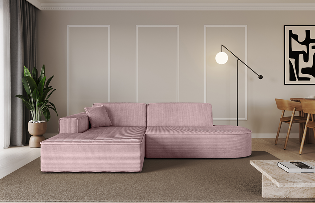 Bezug: Cord, Farbe: Rosa - Poso 145, Stellvariante: Ottomane Links, Stoffbeschreibung: POSO ist ein angenehm anzufühlender Velours mit Kordstruktur (35000 MartindaleZyklen) und leicht zu reinigender Möbellstoff, lichtecht (5) und pillingarm (5), Gewicht 380 g/m2 ±5%, Materialzusammensetzung: 90% Polyseter, 10% Nylon, Pilling Resistenz: 5, Abriebfestigkeit: 5, Scheuerbeständigkeit: 30000, Ausstattung: Kissen, Zimmer: Wohnzimmer, Tiefe: 165 cm, Breite: 232 cm, Höhe: 77 cm, Anzahl der Sitzflächen: 3, Art der Rückenkissen: Rückenlehne - feste, Annzahl der Sitzkissen: 2, Anzahl der Zierkissen: 1, Breite der Armlehnen: 25 cm, Höhe der Armlehnen: 58 cm, Breite der Ottomane: 108 cm, Tiefe der Ottomane: 143 cm, Tiefe der Sitzfläche: 62 cm, Sitzhöhe: 41 cm, Schlaffunktion: Ohne Schlaffunktion - 1