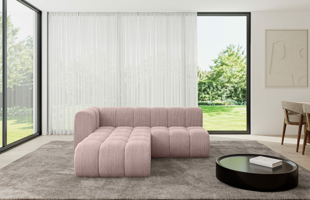 Bezug: Cord, Farbe: Rosa - Poso 145, Stellvariante: Ottomane Links, Stoffbeschreibung: POSO ist ein angenehm anzufühlender Velours mit Kordstruktur (35000 MartindaleZyklen) und leicht zu reinigender Möbellstoff, lichtecht (5) und pillingarm (5), Gewicht 380 g/m2 ±5%, Materialzusammensetzung: 90% Polyseter, 10% Nylon, Pilling Resistenz: 5, Abriebfestigkeit: 5, Scheuerbeständigkeit: 30000 Martindale-Zyklen, Zimmer: Wohnzimmer, Tiefe: 177 cm, Breite: 205 cm, Höhe: 70 cm, Anzahl der Sitzflächen: 4, Sitzfüllung: Wellenfeder, Art der Rückenkissen: Rückenlehne - feste, Breite der Ottomane: 87 cm, Tiefe der Ottomane: 90 cm, Tiefe der Sitzfläche: 62 cm, Sitzhöhe: 40 cm, Schlaffunktion: Ohne Schlaffunktion - 1