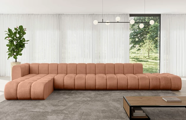 Bezug: Samt, Farbe: Apricot - Monolith 61, Stellvariante: Ottomane Links, Stoffbeschreibung: MONOLITH: Wasserabweisender und leicht zu reinigender Möbelstoff, scheuerfest (100.000 Martindale-Zyklen) lichtecht (5) und pillingarm (4-5), aus 100 % PES, Gewicht 330 g/m2 ±5 %, Materialzusammensetzung: 100% Polyseter, Pilling Resistenz: 4, Abriebfestigkeit: 5, Scheuerbeständigkeit: 100000 Martindale-Zyklen, Zimmer: Wohnzimmer, Tiefe: 177 cm, Breite: 478 cm, Höhe: 70 cm, Anzahl der Sitzflächen: 7, Sitzfüllung: Wellenfeder, Art der Rückenkissen: Rückenlehne - feste, Breite der Ottomane: 87 cm, Tiefe der Ottomane: 90 cm, Tiefe der Sitzfläche: 62 cm, Sitzhöhe: 40 cm, Schlaffunktion: Ohne Schlaffunktion - 1