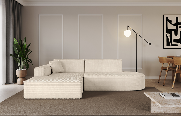 Bezug: Cord, Farbe: Beige - Poso 105, Stellvariante: Ottomane Links, Stoffbeschreibung: POSO ist ein angenehm anzufühlender Velours mit Kordstruktur (35000 MartindaleZyklen) und leicht zu reinigender Möbellstoff, lichtecht (5) und pillingarm (5), Gewicht 380 g/m2 ±5%, Materialzusammensetzung: 90% Polyseter, 10% Nylon, Pilling Resistenz: 5, Abriebfestigkeit: 5, Scheuerbeständigkeit: 30000, Ausstattung: Kissen, Zimmer: Wohnzimmer, Tiefe: 165 cm, Breite: 232 cm, Höhe: 77 cm, Anzahl der Sitzflächen: 3, Sitzfüllung: Wellenfeder + T30-Schaum, Art der Rückenkissen: Rückenlehne - feste, Annzahl der Sitzkissen: 2, Anzahl der Zierkissen: 1, Breite der Armlehnen: 25 cm, Höhe der Armlehnen: 58 cm, Breite der Ottomane: 108 cm, Tiefe der Ottomane: 143 cm, Tiefe der Sitzfläche: 62 cm, Sitzhöhe: 41 cm, Schlaffunktion: Ohne Schlaffunktion - 1