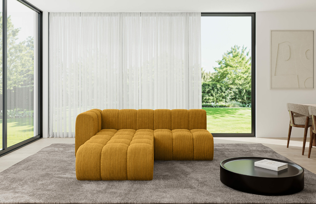 Bezug: Cord, Farbe: Senfgelb - Poso 42, Stellvariante: Ottomane Links, Stoffbeschreibung: POSO ist ein angenehm anzufühlender Velours mit Kordstruktur (35000 MartindaleZyklen) und leicht zu reinigender Möbellstoff, lichtecht (5) und pillingarm (5), Gewicht 380 g/m2 ±5%, Materialzusammensetzung: 90% Polyseter, 10% Nylon, Pilling Resistenz: 5, Abriebfestigkeit: 5, Scheuerbeständigkeit: 30000 Martindale-Zyklen, Zimmer: Wohnzimmer, Tiefe: 177 cm, Breite: 205 cm, Höhe: 70 cm, Anzahl der Sitzflächen: 4, Sitzfüllung: Wellenfeder, Art der Rückenkissen: Rückenlehne - feste, Breite der Ottomane: 87 cm, Tiefe der Ottomane: 90 cm, Tiefe der Sitzfläche: 62 cm, Sitzhöhe: 40 cm, Schlaffunktion: Ohne Schlaffunktion - 1