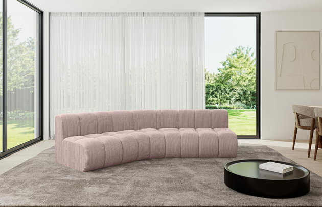 Bezug: Cord, Farbe: Rosa - Poso 145, Stellvariante: Abgerundete Ecke, Stoffbeschreibung: POSO ist ein angenehm anzufühlender Velours mit Kordstruktur (35000 MartindaleZyklen) und leicht zu reinigender Möbellstoff, lichtecht (5) und pillingarm (5), Gewicht 380 g/m2 ±5%, Materialzusammensetzung: 90% Polyseter, 10% Nylon, Pilling Resistenz: 5, Abriebfestigkeit: 5, Scheuerbeständigkeit: 30000 Martindale-Zyklen, Zimmer: Wohnzimmer, Tiefe: 174 cm, Breite: 290 cm, Höhe: 70 cm, Anzahl der Sitzflächen: 5, Sitzfüllung: Wellenfeder, Art der Rückenkissen: Rückenlehne - feste, Tiefe der Sitzfläche: 62 cm, Sitzhöhe: 40 cm, Schlaffunktion: Ohne Schlaffunktion - 1