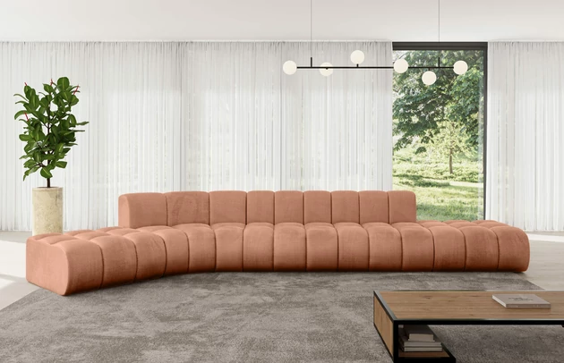 Bezug: Samt, Farbe: Apricot - Monolith 61, Stellvariante: Abgerundete Ecke, Stoffbeschreibung: MONOLITH: Wasserabweisender und leicht zu reinigender Möbelstoff, scheuerfest (100.000 Martindale-Zyklen) lichtecht (5) und pillingarm (4-5), aus 100 % PES, Gewicht 330 g/m2 ±5 %, Materialzusammensetzung: 100% Polyseter, Pilling Resistenz: 4, Abriebfestigkeit: 5, Scheuerbeständigkeit: 100000 Martindale-Zyklen, Zimmer: Wohnzimmer, Tiefe: 174 cm, Breite: 471 cm, Höhe: 70 cm, Anzahl der Sitzflächen: 6, Sitzfüllung: Wellenfeder, Art der Rückenkissen: Rückenlehne - feste, Tiefe der Sitzfläche: 62 cm, Sitzhöhe: 40 cm, Schlaffunktion: Ohne Schlaffunktion - 1