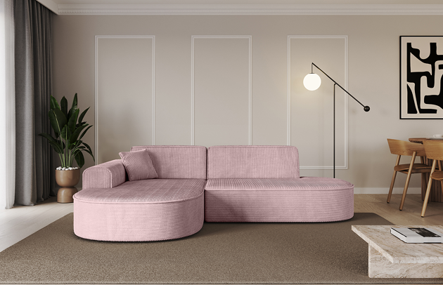 Bezug: Cord, Farbe: Rosa - Poso 145, Stellvariante: Ottomane Links, Stoffbeschreibung: POSO ist ein angenehm anzufühlender Velours mit Kordstruktur (35000 MartindaleZyklen) und leicht zu reinigender Möbellstoff, lichtecht (5) und pillingarm (5), Gewicht 380 g/m2 ±5%, Materialzusammensetzung: 90% Polyseter, 10% Nylon, Pilling Resistenz: 5, Abriebfestigkeit: 5, Scheuerbeständigkeit: 30000 Martindale-Zyklen, Ausstattung: Kissen, Zimmer: Wohnzimmer, Tiefe: 171 cm, Breite: 243 cm, Höhe: 79,5 cm, Schlaffunktion: Ohne Schlaffunktion, Länge der Schlaffläche: Nicht zutreffend, Breite der Schlaffläche: Nicht zutreffend, Liegehöhe: Nicht zutreffend, Anzahl der Sitzflächen: 3, Art der Rückenkissen: Rückenlehne - feste, Annzahl der Sitzkissen: 2, Anzahl der Zierkissen: 1, Breite der Armlehnen: 20 cm, Höhe der Armlehnen: 58 cm, Breite der Ottomane: 109 cm, Tiefe der Ottomane: 151 cm, Tiefe der Sitzfläche: 62 cm, Sitzhöhe: 43,5 cm - 1