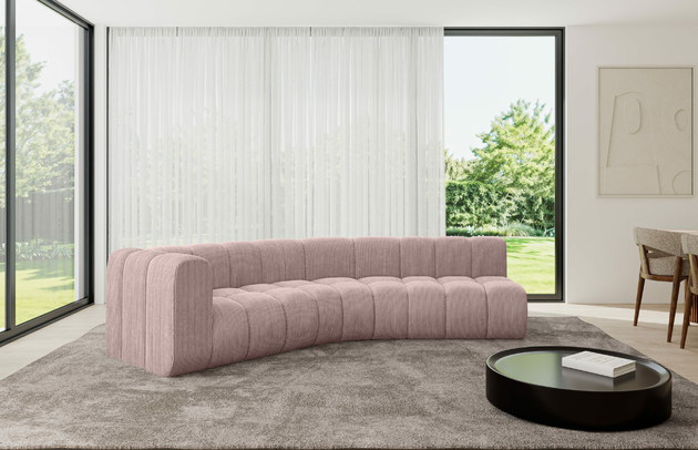 Bezug: Cord, Farbe: Rosa - Poso 145, Stellvariante: Ottomane Links, Stoffbeschreibung: POSO ist ein angenehm anzufühlender Velours mit Kordstruktur (35000 MartindaleZyklen) und leicht zu reinigender Möbellstoff, lichtecht (5) und pillingarm (5), Gewicht 380 g/m2 ±5%, Materialzusammensetzung: 90% Polyseter, 10% Nylon, Pilling Resistenz: 5, Abriebfestigkeit: 5, Scheuerbeständigkeit: 30000 Martindale-Zyklen, Zimmer: Wohnzimmer, Tiefe: 194 cm, Breite: 308 cm, Höhe: 70 cm, Anzahl der Sitzflächen: 4, Sitzfüllung: Wellenfeder, Art der Rückenkissen: Rückenlehne - feste, Tiefe der Sitzfläche: 62 cm, Sitzhöhe: 40 cm, Schlaffunktion: Ohne Schlaffunktion - 1