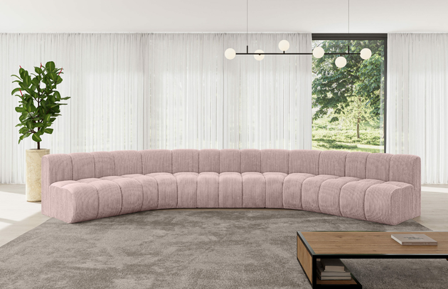 Bezug: Cord, Farbe: Rosa - Poso 145, Stellvariante: U-Form, Stoffbeschreibung: POSO ist ein angenehm anzufühlender Velours mit Kordstruktur (35000 MartindaleZyklen) und leicht zu reinigender Möbellstoff, lichtecht (5) und pillingarm (5), Gewicht 380 g/m2 ±5%, Materialzusammensetzung: 90% Polyseter, 10% Nylon, Pilling Resistenz: 5, Abriebfestigkeit: 5, Scheuerbeständigkeit: 30000 Martindale-Zyklen, Zimmer: Wohnzimmer, Tiefe: 174 cm, Breite: 490 cm, Höhe: 70 cm, Anzahl der Sitzflächen: 7, Art der Rückenkissen: Rückenlehne - feste, Tiefe der Sitzfläche: 62 cm, Sitzhöhe: 40 cm, Schlaffunktion: Ohne Schlaffunktion - 1