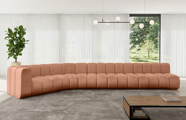 Bezug: Samt, Farbe: Apricot - Monolith 61, Stellvariante: Ottomane Links, Stoffbeschreibung: MONOLITH: Wasserabweisender und leicht zu reinigender Möbelstoff, scheuerfest (100.000 Martindale-Zyklen) lichtecht (5) und pillingarm (4-5), aus 100 % PES, Gewicht 330 g/m2 ±5 %, Materialzusammensetzung: 100% Polyseter, Pilling Resistenz: 4, Abriebfestigkeit: 5, Scheuerbeständigkeit: 100000 Martindale-Zyklen, Zimmer: Wohnzimmer, Tiefe: 194 cm, Breite: 490 cm, Höhe: 70 cm, Anzahl der Sitzflächen: 6, Sitzfüllung: Wellenfeder, Art der Rückenkissen: Rückenlehne - feste, Tiefe der Sitzfläche: 62 cm, Sitzhöhe: 40 cm, Schlaffunktion: Ohne Schlaffunktion - 1