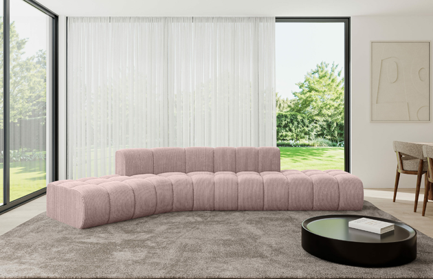 Bezug: Cord, Farbe: Rosa - Poso 145, Stellvariante: Abgerundete Ecke, Stoffbeschreibung: POSO ist ein angenehm anzufühlender Velours mit Kordstruktur (35000 MartindaleZyklen) und leicht zu reinigender Möbellstoff, lichtecht (5) und pillingarm (5), Gewicht 380 g/m2 ±5%, Materialzusammensetzung: 90% Polyseter, 10% Nylon, Pilling Resistenz: 5, Abriebfestigkeit: 5, Scheuerbeständigkeit: 30000 Martindale-Zyklen, Zimmer: Wohnzimmer, Tiefe: 174 cm, Breite: 380 cm, Höhe: 70 cm, Anzahl der Sitzflächen: 6, Sitzfüllung: Wellenfeder, Art der Rückenkissen: Rückenlehne - feste, Tiefe der Sitzfläche: 62 cm, Sitzhöhe: 40 cm, Schlaffunktion: Ohne Schlaffunktion - 1