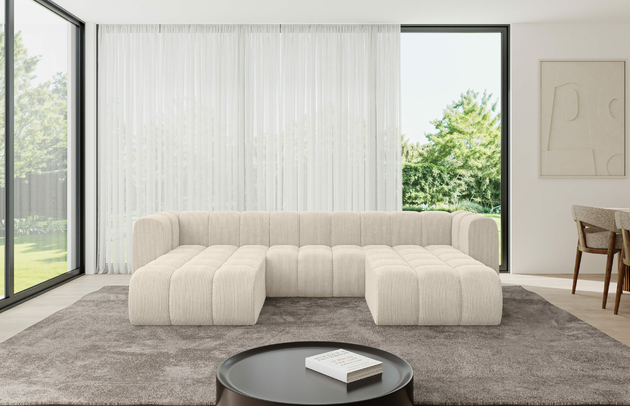 Bezug: Cord, Farbe: Beige - Poso 105, Stellvariante: U-Form, Stoffbeschreibung: POSO ist ein angenehm anzufühlender Velours mit Kordstruktur (35000 MartindaleZyklen) und leicht zu reinigender Möbellstoff, lichtecht (5) und pillingarm (5), Gewicht 380 g/m2 ±5%, Materialzusammensetzung: 90% Polyseter, 10% Nylon, Pilling Resistenz: 5, Abriebfestigkeit: 5, Scheuerbeständigkeit: 30000 Martindale-Zyklen, Zimmer: Wohnzimmer, Tiefe: 177 cm, Breite: 319 cm, Höhe: 70 cm, Anzahl der Sitzflächen: 4, Sitzfüllung: Wellenfeder, Art der Rückenkissen: Rückenlehne - feste, Breite der Ottomane: 87 cm, Tiefe der Ottomane: 90 cm, Tiefe der Sitzfläche: 62 cm, Sitzhöhe: 40 cm, Schlaffunktion: Ohne Schlaffunktion - 1
