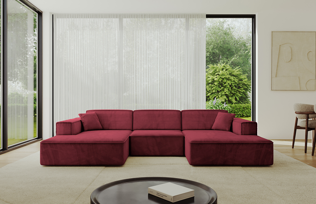 Bezug: Samt, Farbe: Bordeauxrot - Dream Velvet 202.11, Stellvariante: U-Form, Stoffbeschreibung: Polsterstoff Dream Velvet: Wasserabweisender und leicht zu reinigender Möbelstoff, scheuerfest (30.000 Martindale-Zyklen) lichtecht (6) und pillingarm (4-5), aus 100 % PES, Gewicht 360 g/m2 ±5 %, Materialzusammensetzung: 100% Polyseter, Pilling Resistenz: 4.maj, Abriebfestigkeit: 5, Scheuerbeständigkeit: 30000 Martindale-Zyklen, Ausstattung: Kissen, Zimmer: Wohnzimmer, Tiefe: 165 cm, Breite: 301 cm, Höhe: 80 cm, Anzahl der Sitzflächen: 4, Sitzfüllung: Wellenfeder + T30-Schaum, Art der Rückenkissen: Rückenlehne - feste, Annzahl der Sitzkissen: 3, Anzahl der Zierkissen: 2, Breite der Armlehnen: 25 cm, Höhe der Armlehnen: 58 cm, Breite der Ottomane: 108 cm, Tiefe der Ottomane: 143 cm, Tiefe der Sitzfläche: 62 cm, Sitzhöhe: 44 cm, Schlaffunktion: Ohne Schlaffunktion - 1