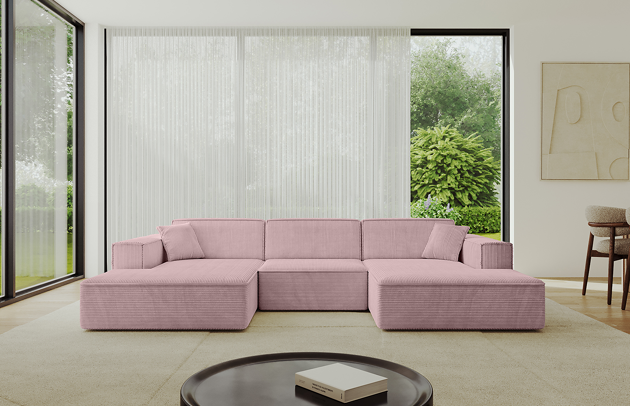 Bezug: Cord, Farbe: Rosa - Poso 145, Stellvariante: U-Form, Stoffbeschreibung: POSO ist ein angenehm anzufühlender Velours mit Kordstruktur (35000 MartindaleZyklen) und leicht zu reinigender Möbellstoff, lichtecht (5) und pillingarm (5), Gewicht 380 g/m2 ±5%, Materialzusammensetzung: 90% Polyseter, 10% Nylon, Pilling Resistenz: 5, Abriebfestigkeit: 5, Scheuerbeständigkeit: 30000, Ausstattung: Kissen, Zimmer: Wohnzimmer, Tiefe: 165 cm, Breite: 301 cm, Höhe: 80 cm, Anzahl der Sitzflächen: 4, Art der Rückenkissen: Rückenlehne - feste, Annzahl der Sitzkissen: 3, Anzahl der Zierkissen: 2, Breite der Armlehnen: 25 cm, Höhe der Armlehnen: 58 cm, Breite der Ottomane: 108 cm, Tiefe der Ottomane: 143 cm, Tiefe der Sitzfläche: 62 cm, Sitzhöhe: 44 cm, Schlaffunktion: Ohne Schlaffunktion - 1
