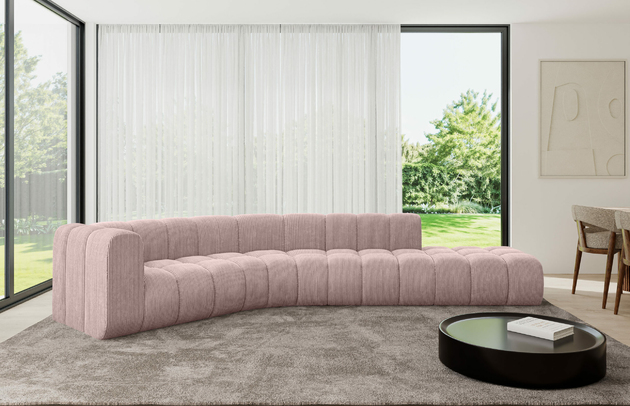 Bezug: Cord, Farbe: Rosa - Poso 145, Stellvariante: Ottomane Links, Stoffbeschreibung: POSO ist ein angenehm anzufühlender Velours mit Kordstruktur (35000 MartindaleZyklen) und leicht zu reinigender Möbellstoff, lichtecht (5) und pillingarm (5), Gewicht 380 g/m2 ±5%, Materialzusammensetzung: 90% Polyseter, 10% Nylon, Pilling Resistenz: 5, Abriebfestigkeit: 5, Scheuerbeständigkeit: 30000 Martindale-Zyklen, Zimmer: Wohnzimmer, Tiefe: 194 cm, Breite: 399 cm, Höhe: 70 cm, Anzahl der Sitzflächen: 4, Sitzfüllung: Wellenfeder, Art der Rückenkissen: Rückenlehne - feste, Tiefe der Sitzfläche: 62 cm, Sitzhöhe: 40 cm, Schlaffunktion: Ohne Schlaffunktion - 1