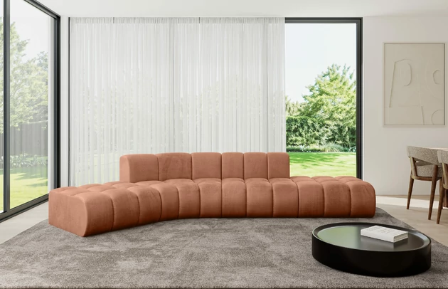 Bezug: Samt, Farbe: Apricot - Monolith 61, Stellvariante: Abgerundete Ecke, Stoffbeschreibung: MONOLITH: Wasserabweisender und leicht zu reinigender Möbelstoff, scheuerfest (100.000 Martindale-Zyklen) lichtecht (5) und pillingarm (4-5), aus 100 % PES, Gewicht 330 g/m2 ±5 %, Materialzusammensetzung: 100% Polyseter, Pilling Resistenz: 4, Abriebfestigkeit: 5, Scheuerbeständigkeit: 100000 Martindale-Zyklen, Zimmer: Wohnzimmer, Tiefe: 174 cm, Breite: 380 cm, Höhe: 70 cm, Anzahl der Sitzflächen: 6, Sitzfüllung: Wellenfeder, Art der Rückenkissen: Rückenlehne - feste, Tiefe der Sitzfläche: 62 cm, Sitzhöhe: 40 cm, Schlaffunktion: Ohne Schlaffunktion - 1