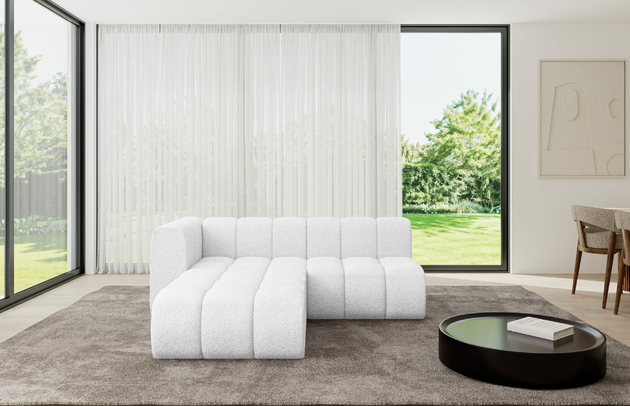 Bezug: Bouclé, Farbe: Weiß - Quelle 01, Stellvariante: Ottomane Links, Stoffbeschreibung: Polsterstoff Quelle: hochwertiger Bouclé Stoff, strapazierfähig, atmungsaktiv und pflegeleicht. (80.000 Martindale-Zyklen) 100 % PES, pillingarm(4-5), Gewicht 315 g/m² ±5 %, Materialzusammensetzung: 100% Polyseter, Pilling Resistenz: 5, Abriebfestigkeit: 5, Scheuerbeständigkeit: 80000 Martindale-Zyklen, Zimmer: Wohnzimmer, Tiefe: 177 cm, Breite: 205 cm, Höhe: 70 cm, Anzahl der Sitzflächen: 4, Sitzfüllung: Wellenfeder, Art der Rückenkissen: Rückenlehne - feste, Breite der Ottomane: 87 cm, Tiefe der Ottomane: 90 cm, Tiefe der Sitzfläche: 62 cm, Sitzhöhe: 40 cm, Schlaffunktion: Ohne Schlaffunktion - 1