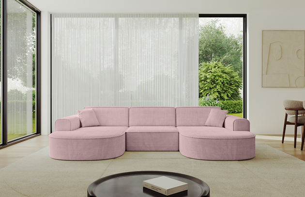 Bezug: Cord, Farbe: Rosa - Poso 145, Stellvariante: U-Form, Stoffbeschreibung: POSO ist ein angenehm anzufühlender Velours mit Kordstruktur (35000 MartindaleZyklen) und leicht zu reinigender Möbellstoff, lichtecht (5) und pillingarm (5), Gewicht 380 g/m2 ±5%, Materialzusammensetzung: 90% Polyseter, 10% Nylon, Pilling Resistenz: 5, Abriebfestigkeit: 5, Scheuerbeständigkeit: 30000 Martindale-Zyklen, Ausstattung: Kissen, Zimmer: Wohnzimmer, Tiefe: 171 cm, Breite: 303 cm, Höhe: 79,5 cm, Schlaffunktion: Ohne Schlaffunktion, Länge der Schlaffläche: Nicht zutreffend, Breite der Schlaffläche: Nicht zutreffend, Liegehöhe: Nicht zutreffend, Anzahl der Sitzflächen: 4, Sitzfüllung: Wellenfeder + HR35 und T30-Schaum, Art der Rückenkissen: Rückenlehne - feste, Annzahl der Sitzkissen: 3, Anzahl der Zierkissen: 2, Breite der Armlehnen: 20 cm, Höhe der Armlehnen: 58 cm, Breite der Ottomane: 109 cm, Tiefe der Ottomane: 151 cm, Tiefe der Sitzfläche: 62 cm, Sitzhöhe: 43,5 cm - 1