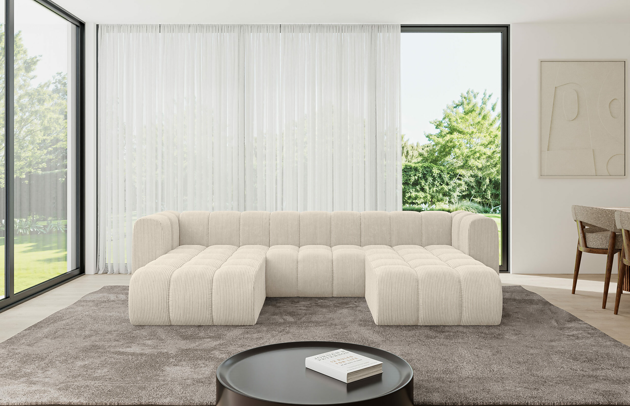 Bezug: Cord, Farbe: Beige - Poso 105, Stellvariante: U-Form, Stoffbeschreibung: POSO ist ein angenehm anzufühlender Velours mit Kordstruktur (35000 MartindaleZyklen) und leicht zu reinigender Möbellstoff, lichtecht (5) und pillingarm (5), Gewicht 380 g/m2 ±5%, Materialzusammensetzung: 90% Polyseter, 10% Nylon, Pilling Resistenz: 5, Abriebfestigkeit: 5, Scheuerbeständigkeit: 30000 Martindale-Zyklen, Zimmer: Wohnzimmer, Tiefe: 177 cm, Breite: 319 cm, Höhe: 70 cm, Anzahl der Sitzflächen: 4, Art der Rückenkissen: Rückenlehne - feste, Breite der Ottomane: 87 cm, Tiefe der Ottomane: 90 cm, Tiefe der Sitzfläche: 62 cm, Sitzhöhe: 40 cm, Schlaffunktion: Ohne Schlaffunktion - 1