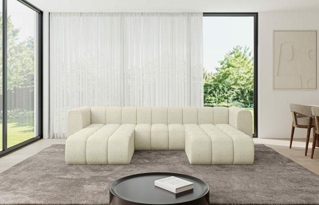 Bezug: Bouclé, Farbe: Beige - Quelle 02, Stellvariante: U-Form, Stoffbeschreibung: Polsterstoff Quelle: hochwertiger Bouclé Stoff, strapazierfähig, atmungsaktiv und pflegeleicht. (80.000 Martindale-Zyklen) 100 % PES, pillingarm(4-5), Gewicht 315 g/m² ±5 %, Materialzusammensetzung: 100% Polyseter, Pilling Resistenz: 5, Abriebfestigkeit: 5, Scheuerbeständigkeit: 80000 Martindale-Zyklen, Zimmer: Wohnzimmer, Tiefe: 177 cm, Breite: 319 cm, Höhe: 70 cm, Anzahl der Sitzflächen: 4, Art der Rückenkissen: Rückenlehne - feste, Breite der Ottomane: 87 cm, Tiefe der Ottomane: 90 cm, Tiefe der Sitzfläche: 62 cm, Sitzhöhe: 40 cm, Schlaffunktion: Ohne Schlaffunktion - 1