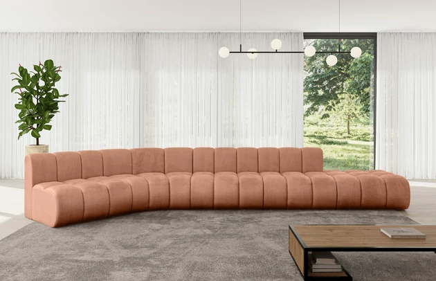 Bezug: Samt, Farbe: Apricot - Monolith 61, Stellvariante: Abgerundete Ecke, Stoffbeschreibung: MONOLITH: Wasserabweisender und leicht zu reinigender Möbelstoff, scheuerfest (100.000 Martindale-Zyklen) lichtecht (5) und pillingarm (4-5), aus 100 % PES, Gewicht 330 g/m2 ±5 %, Materialzusammensetzung: 100% Polyseter, Pilling Resistenz: 4, Abriebfestigkeit: 5, Scheuerbeständigkeit: 100000 Martindale-Zyklen, Zimmer: Wohnzimmer, Tiefe: 174 cm, Breite: 471 cm, Höhe: 70 cm, Anzahl der Sitzflächen: 6, Sitzfüllung: Wellenfeder, Art der Rückenkissen: Rückenlehne - feste, Tiefe der Sitzfläche: 62 cm, Sitzhöhe: 40 cm, Schlaffunktion: Ohne Schlaffunktion - 1