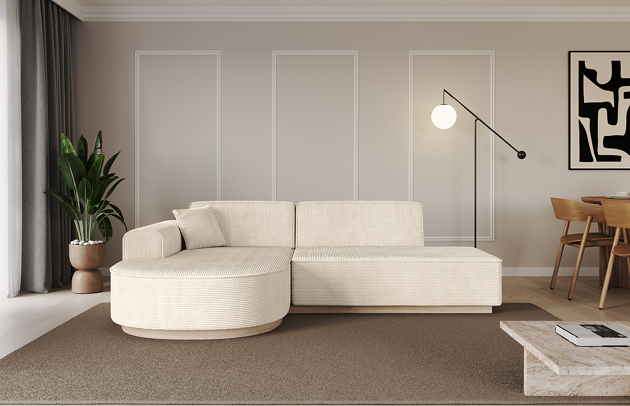 Bezug: Cord, Farbe: Beige - Poso 105, Stellvariante: Ottomane Links, Stoffbeschreibung: POSO ist ein angenehm anzufühlender Velours mit Kordstruktur (35000 MartindaleZyklen) und leicht zu reinigender Möbellstoff, lichtecht (5) und pillingarm (5), Gewicht 380 g/m2 ±5%, Materialzusammensetzung: 90% Polyseter, 10% Nylon, Pilling Resistenz: 5, Abriebfestigkeit: 4, Scheuerbeständigkeit: 30000 Martindale-Zyklen, Zimmer: Wohnzimmer, Tiefe: 171 cm, Breite: 243 cm, Höhe: 83 cm, Anzahl der Sitzflächen: 4, Sitzfüllung: Wellenfeder + HR35 und T30-Schaum, Art der Rückenkissen: Rückenlehne - feste, Annzahl der Sitzkissen: 2, Anzahl der Zierkissen: 1, Tiefe der Armlehnen: 82 cm, Breite der Armlehnen: 20 cm, Höhe der Armlehnen: 58 cm, Breite der Ottomane: 109 cm, Tiefe der Ottomane: 151 cm, Tiefe der Sitzfläche: 62 cm, Sitzhöhe: 47 cm, Schlaffunktion: Ohne Schlaffunktion - 1