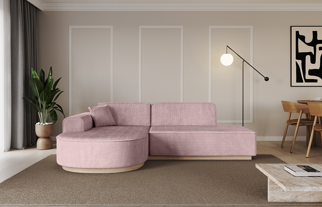 Bezug: Cord, Farbe: Rosa - Poso 145, Stellvariante: Ottomane Links, Stoffbeschreibung: POSO ist ein angenehm anzufühlender Velours mit Kordstruktur (35000 MartindaleZyklen) und leicht zu reinigender Möbellstoff, lichtecht (5) und pillingarm (5), Gewicht 380 g/m2 ±5%, Materialzusammensetzung: 90% Polyseter, 10% Nylon, Pilling Resistenz: 5, Abriebfestigkeit: 4, Scheuerbeständigkeit: 30000 Martindale-Zyklen, Zimmer: Wohnzimmer, Tiefe: 171 cm, Breite: 243 cm, Höhe: 83 cm, Anzahl der Sitzflächen: 4, Art der Rückenkissen: Rückenlehne - feste, Annzahl der Sitzkissen: 2, Anzahl der Zierkissen: 1, Tiefe der Armlehnen: 82 cm, Breite der Armlehnen: 20 cm, Höhe der Armlehnen: 58 cm, Breite der Ottomane: 109 cm, Tiefe der Ottomane: 151 cm, Tiefe der Sitzfläche: 62 cm, Sitzhöhe: 47 cm, Schlaffunktion: Ohne Schlaffunktion - 1