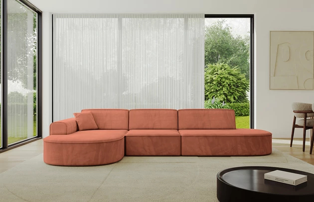 Bezug: Samt, Farbe: Apricot - Dream Velvet 202.07, Stellvariante: Ottomane Links, Stoffbeschreibung: Polsterstoff Dream Velvet: Wasserabweisender und leicht zu reinigender Möbelstoff, scheuerfest (30.000 Martindale-Zyklen) lichtecht (6) und pillingarm (4-5), aus 100 % PES, Gewicht 360 g/m2 ±5 %, Materialzusammensetzung: 100% Polyseter, Pilling Resistenz: 4-5, Abriebfestigkeit: 5, Scheuerbeständigkeit: 30000 Martindale-Zyklen, Ausstattung: Kissen, Zimmer: Wohnzimmer, Tiefe: 171 cm, Breite: 328 cm, Höhe: 79,5 cm, Anzahl der Sitzflächen: 4, Sitzfüllung: Wellenfeder + HR35 und T30-Schaum, Art der Rückenkissen: Rückenlehne - feste, Annzahl der Sitzkissen: 3, Anzahl der Zierkissen: 1, Breite der Armlehnen: 20 cm, Höhe der Armlehnen: 58 cm, Breite der Ottomane: 109 cm, Tiefe der Ottomane: 151 cm, Tiefe der Sitzfläche: 62 cm, Sitzhöhe: 43,5 cm, Schlaffunktion: Ohne Schlaffunktion - 1