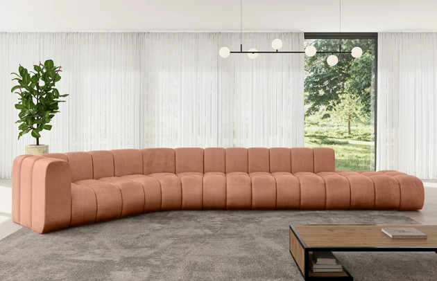 Bezug: Samt, Farbe: Apricot - Monolith 61, Stellvariante: Ottomane Links, Stoffbeschreibung: MONOLITH: Wasserabweisender und leicht zu reinigender Möbelstoff, scheuerfest (100.000 Martindale-Zyklen) lichtecht (5) und pillingarm (4-5), aus 100 % PES, Gewicht 330 g/m2 ±5 %, Materialzusammensetzung: 100% Polyseter, Pilling Resistenz: 4, Abriebfestigkeit: 5, Scheuerbeständigkeit: 100000 Martindale-Zyklen, Zimmer: Wohnzimmer, Tiefe: 194 cm, Breite: 490 cm, Höhe: 70 cm, Anzahl der Sitzflächen: 5, Sitzfüllung: Wellenfeder, Art der Rückenkissen: Rückenlehne - feste, Tiefe der Sitzfläche: 62 cm, Sitzhöhe: 40 cm, Schlaffunktion: Ohne Schlaffunktion - 1