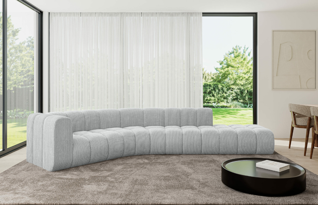 Bezug: Cord, Farbe: Grau - Poso 110, Stellvariante: Ottomane Links, Stoffbeschreibung: POSO ist ein angenehm anzufühlender Velours mit Kordstruktur (35000 MartindaleZyklen) und leicht zu reinigender Möbellstoff, lichtecht (5) und pillingarm (5), Gewicht 380 g/m2 ±5%, Materialzusammensetzung: 90% Polyseter, 10% Nylon, Pilling Resistenz: 5, Abriebfestigkeit: 5, Scheuerbeständigkeit: 30000 Martindale-Zyklen, Zimmer: Wohnzimmer, Tiefe: 194 cm, Breite: 399 cm, Höhe: 70 cm, Anzahl der Sitzflächen: 4, Sitzfüllung: Wellenfeder, Art der Rückenkissen: Rückenlehne - feste, Tiefe der Sitzfläche: 62 cm, Sitzhöhe: 40 cm, Schlaffunktion: Ohne Schlaffunktion - 1