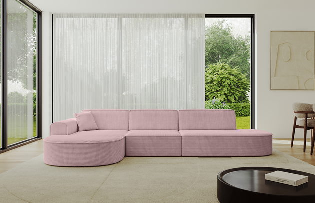 Bezug: Cord, Farbe: Rosa - Poso 145, Stellvariante: Ottomane Links, Stoffbeschreibung: POSO ist ein angenehm anzufühlender Velours mit Kordstruktur (35000 MartindaleZyklen) und leicht zu reinigender Möbellstoff, lichtecht (5) und pillingarm (5), Gewicht 380 g/m2 ±5%, Materialzusammensetzung: 100% Polyester, Pilling Resistenz: 5, Abriebfestigkeit: 5, Scheuerbeständigkeit: 95000 Martindale-Zyklen, Ausstattung: Kissen, Zimmer: Wohnzimmer, Tiefe: 171 cm, Breite: 328 cm, Höhe: 79,5 cm, Schlaffunktion: Ohne Schlaffunktion, Länge der Schlaffläche: Nicht zutreffend, Breite der Schlaffläche: Nicht zutreffend, Liegehöhe: 43,5 cm, Anzahl der Sitzflächen: 4, Sitzfüllung: T30 / 140 g – 12 cm Höhe + Wellenfeder Typ B, Anzahl der Rückenkissen: 3, Art der Rückenkissen: Rückenlehne - feste, Annzahl der Sitzkissen: 3, Anzahl der Zierkissen: 1, Breite der Armlehnen: 20 cm, Höhe der Armlehnen: 58 cm, Breite der Ottomane: 109 cm, Tiefe der Ottomane: 151 cm, Tiefe der Sitzfläche: Nicht zutreffend, Sitzhöhe: 43,5 cm, Art des Stauraumes: Nicht zutreffend - 1