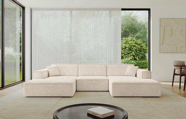 Bezug: Cord, Farbe: Beige - Poso 105, Stellvariante: U-Form, Stoffbeschreibung: POSO ist ein angenehm anzufühlender Velours mit Kordstruktur (35000 MartindaleZyklen) und leicht zu reinigender Möbellstoff, lichtecht (5) und pillingarm (5), Gewicht 380 g/m2 ±5%, Materialzusammensetzung: 90% Polyseter, 10% Nylon, Pilling Resistenz: 5, Abriebfestigkeit: 5, Scheuerbeständigkeit: 30000, Ausstattung: Kissen, Zimmer: Wohnzimmer, Tiefe: 165 cm, Breite: 301 cm, Höhe: 80 cm, Anzahl der Sitzflächen: 4, Sitzfüllung: Wellenfeder + T30-Schaum, Art der Rückenkissen: Rückenlehne - feste, Annzahl der Sitzkissen: 3, Anzahl der Zierkissen: 2, Breite der Armlehnen: 25 cm, Höhe der Armlehnen: 58 cm, Breite der Ottomane: 108 cm, Tiefe der Ottomane: 143 cm, Tiefe der Sitzfläche: 62 cm, Sitzhöhe: 44 cm, Schlaffunktion: Ohne Schlaffunktion - 1