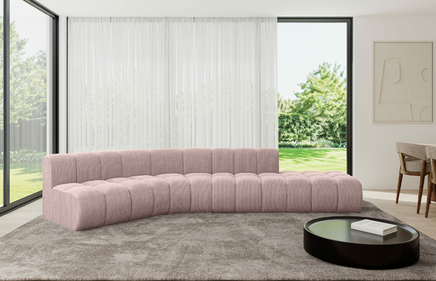 Bezug: Cord, Farbe: Rosa - Poso 145, Stellvariante: Abgerundete Ecke, Stoffbeschreibung: POSO ist ein angenehm anzufühlender Velours mit Kordstruktur (35000 MartindaleZyklen) und leicht zu reinigender Möbellstoff, lichtecht (5) und pillingarm (5), Gewicht 380 g/m2 ±5%, Materialzusammensetzung: 90% Polyseter, 10% Nylon, Pilling Resistenz: 5, Abriebfestigkeit: 5, Scheuerbeständigkeit: 30000 Martindale-Zyklen, Zimmer: Wohnzimmer, Tiefe: 174 cm, Breite: 380 cm, Höhe: 70 cm, Anzahl der Sitzflächen: 5, Sitzfüllung: Wellenfeder, Art der Rückenkissen: Rückenlehne - feste, Tiefe der Sitzfläche: 62 cm, Sitzhöhe: 40 cm, Schlaffunktion: Ohne Schlaffunktion - 1
