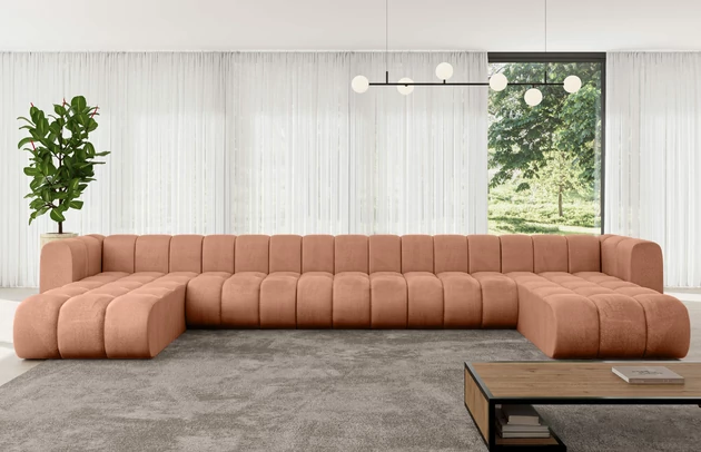 Bezug: Samt, Farbe: Apricot - Monolith 61, Stellvariante: U-Form, Stoffbeschreibung: MONOLITH: Wasserabweisender und leicht zu reinigender Möbelstoff, scheuerfest (100.000 Martindale-Zyklen) lichtecht (5) und pillingarm (4-5), aus 100 % PES, Gewicht 330 g/m2 ±5 %, Materialzusammensetzung: 100% Polyseter, Pilling Resistenz: 4, Abriebfestigkeit: 5, Scheuerbeständigkeit: 100000 Martindale-Zyklen, Zimmer: Wohnzimmer, Tiefe: 177 cm, Breite: 501 cm, Höhe: 70 cm, Anzahl der Sitzflächen: 6, Sitzfüllung: Wellenfeder, Art der Rückenkissen: Rückenlehne - feste, Breite der Ottomane: 87 cm, Tiefe der Ottomane: 90 cm, Tiefe der Sitzfläche: 62 cm, Sitzhöhe: 40 cm, Schlaffunktion: Ohne Schlaffunktion - 1