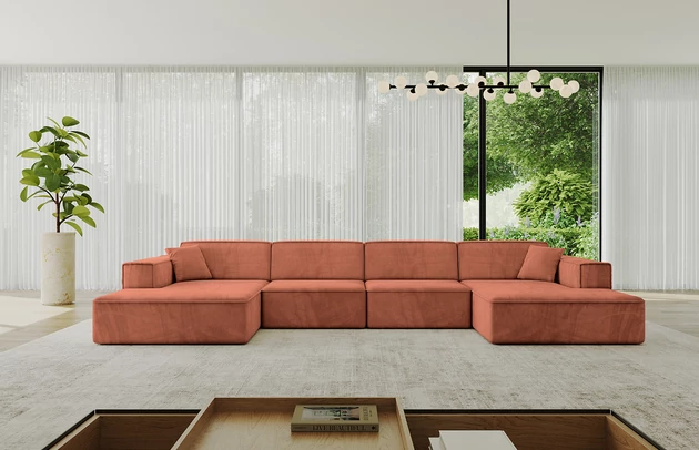 Bezug: Samt, Farbe: Apricot - Dream Velvet 202.07, Stellvariante: U-Form, Stoffbeschreibung: Polsterstoff Dream Velvet: Wasserabweisender und leicht zu reinigender Möbelstoff, scheuerfest (30.000 Martindale-Zyklen) lichtecht (6) und pillingarm (4-5), aus 100 % PES, Gewicht 360 g/m2 ±5 %, Materialzusammensetzung: 100% Polyseter, Pilling Resistenz: 4.maj, Abriebfestigkeit: 5, Scheuerbeständigkeit: 30000 Martindale-Zyklen, Ausstattung: Kissen, Zimmer: Wohnzimmer, Tiefe: 165 cm, Breite: 386 cm, Höhe: 77 cm, Anzahl der Sitzflächen: 6, Sitzfüllung: Wellenfeder + T30-Schaum, Art der Rückenkissen: Rückenlehne - feste, Annzahl der Sitzkissen: 4, Anzahl der Zierkissen: 2, Breite der Armlehnen: 25 cm, Höhe der Armlehnen: 58 cm, Breite der Ottomane: 108 cm, Tiefe der Ottomane: 143 cm, Tiefe der Sitzfläche: 62 cm, Sitzhöhe: 41 cm, Schlaffunktion: Ohne Schlaffunktion - 1