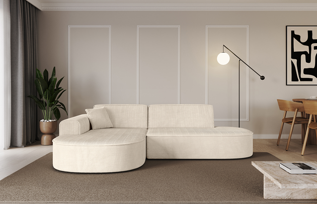 Bezug: Cord, Farbe: Beige - Poso 105, Stellvariante: Ottomane Links, Stoffbeschreibung: POSO ist ein angenehm anzufühlender Velours mit Kordstruktur (35000 MartindaleZyklen) und leicht zu reinigender Möbellstoff, lichtecht (5) und pillingarm (5), Gewicht 380 g/m2 ±5%, Materialzusammensetzung: 90% Polyseter, 10% Nylon, Pilling Resistenz: 5, Abriebfestigkeit: 5, Scheuerbeständigkeit: 30000 Martindale-Zyklen, Ausstattung: Kissen, Zimmer: Wohnzimmer, Tiefe: 171 cm, Breite: 243 cm, Höhe: 79,5 cm, Schlaffunktion: Ohne Schlaffunktion, Länge der Schlaffläche: Nicht zutreffend, Breite der Schlaffläche: Nicht zutreffend, Liegehöhe: Nicht zutreffend, Anzahl der Sitzflächen: 3, Sitzfüllung: Wellenfeder + HR35 und T30-Schaum, Art der Rückenkissen: Rückenlehne - feste, Annzahl der Sitzkissen: 2, Anzahl der Zierkissen: 1, Breite der Armlehnen: 20 cm, Höhe der Armlehnen: 58 cm, Breite der Ottomane: 109 cm, Tiefe der Ottomane: 151 cm, Tiefe der Sitzfläche: 62 cm, Sitzhöhe: 43,5 cm - 1
