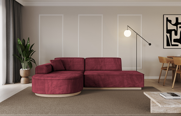 Bezug: Samt, Farbe: Bordeauxrot - Dream Velvet 202.11, Stellvariante: Ottomane Links, Stoffbeschreibung: Polsterstoff Dream Velvet: Wasserabweisender und leicht zu reinigender Möbelstoff, scheuerfest (30.000 Martindale-Zyklen) lichtecht (6) und pillingarm (4-5), aus 100 % PES, Gewicht 360 g/m2 ±5 %, Materialzusammensetzung: 100% Polyseter, Pilling Resistenz: 4, Abriebfestigkeit: 5, Scheuerbeständigkeit: 100000 Martindale-Zyklen, Zimmer: Wohnzimmer, Tiefe: 171 cm, Breite: 243 cm, Höhe: 83 cm, Anzahl der Sitzflächen: 4, Art der Rückenkissen: Rückenlehne - feste, Annzahl der Sitzkissen: 2, Anzahl der Zierkissen: 1, Tiefe der Armlehnen: 82 cm, Breite der Armlehnen: 20 cm, Höhe der Armlehnen: 58 cm, Breite der Ottomane: 109 cm, Tiefe der Ottomane: 151 cm, Tiefe der Sitzfläche: 62 cm, Sitzhöhe: 47 cm, Schlaffunktion: Ohne Schlaffunktion - 1
