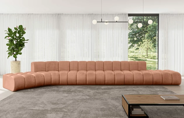 Bezug: Samt, Farbe: Apricot - Monolith 61, Stellvariante: Abgerundete Ecke, Stoffbeschreibung: MONOLITH: Wasserabweisender und leicht zu reinigender Möbelstoff, scheuerfest (100.000 Martindale-Zyklen) lichtecht (5) und pillingarm (4-5), aus 100 % PES, Gewicht 330 g/m2 ±5 %, Materialzusammensetzung: 100% Polyseter, Pilling Resistenz: 4, Abriebfestigkeit: 5, Scheuerbeständigkeit: 100000 Martindale-Zyklen, Zimmer: Wohnzimmer, Tiefe: 174 cm, Breite: 562 cm, Höhe: 70 cm, Anzahl der Sitzflächen: 7, Sitzfüllung: Wellenfeder, Art der Rückenkissen: Rückenlehne - feste, Tiefe der Sitzfläche: 62 cm, Sitzhöhe: 40 cm, Schlaffunktion: Ohne Schlaffunktion - 1